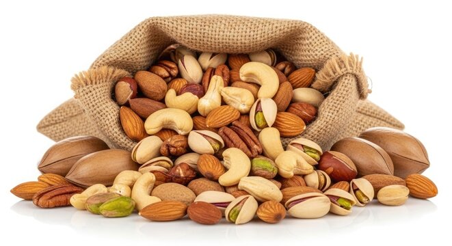 Mixed raw nuts spilling from burlap sack on white, healthy food