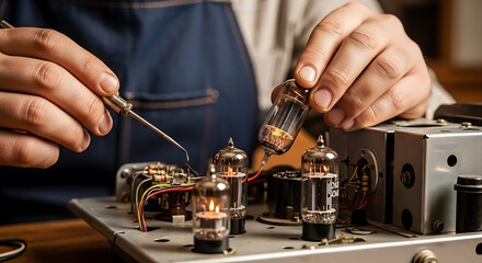 Skilled hands carefully assembling or repairing a vintage electronic device with glowing vacuum tubes and intricate wiring showcasing retro technology and engineering