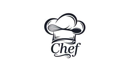 Culinary arts logo design with a chef hat, crossed spoon, and wire whisk. A professional symbol for a gourmet cook, restaurant, or catering business