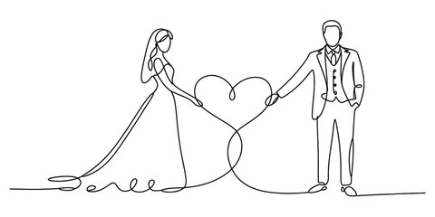 Obraz premium Continuous line drawing of a bride and groom holding hands, forming a heart shape, symbolizing everlasting love and unity for wedding concepts Vector, illustration