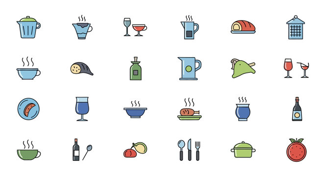 Collection of icons representing food, drinks, and kitchenware for culinary themes and restaurant use