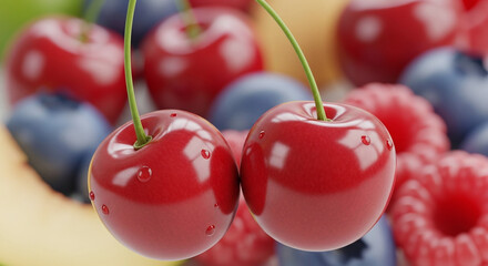Fresh Ripe Cherries with Water Droplets Berries.