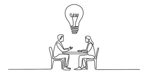 Single continuous line art of two business professionals conversing, brainstorming, and developing new ideas with a bright lightbulb overhead. Vector, illustration