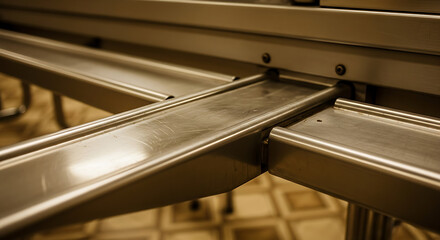 Close up of shiny commercial kitchen stainless steel table frame structure providing hygiene durability and professional food service equipment support