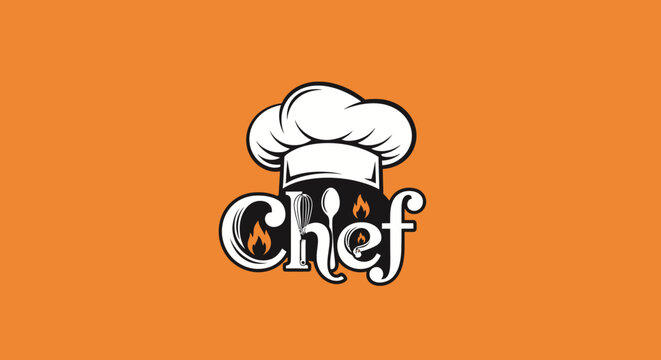 Stylized chef's hat and 'Chef' text logo featuring integrated culinary elements like flame icons and spoons, ideal for restaurant branding, food businesses, or cooking-related promotions
