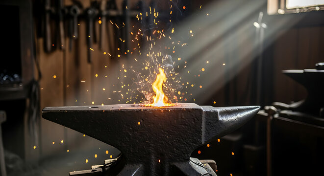 Blacksmith's anvil glows with molten metal sparks flying in a traditional workshop displaying artisan craftsmanship and creation