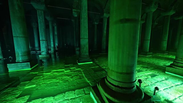 The Basilica Cistern, known as Yerebatan Sarnıcı, features ancient columns, soft lighting and calm reflections that create a mystical underground scene in Istanbul.