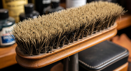 Professional shoe brush for leather cleaning and polishing essential tool for footwear maintenance and restoration in a workshop setting