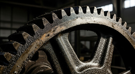 Close up view of a large weathered industrial metal gear wheel engine component displaying intricate mechanical teeth and heavy lubrication