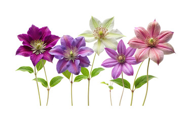 Obraz premium Five Stunning Clematis Flowers in Shades of Purple, Pink and White Displayed Together