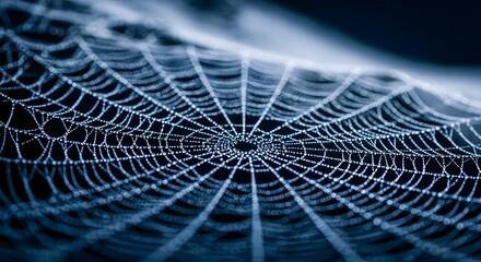 Extreme close up of spider web strands covered in morning dew drops with blue color filter