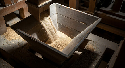 Agricultural processing machine filling with organic grain pellets in an old farm mill industrial production factory equipment