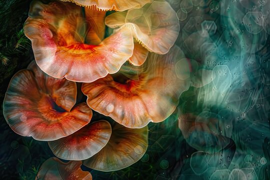 Abstract artistic composition of fungi and water microbiomes in vivid colors