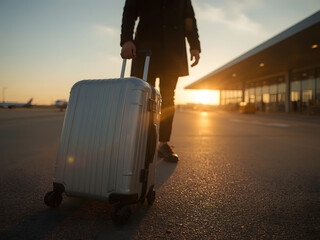 Close up of traveler with a suitcase at the airport at sunset. AI Generative