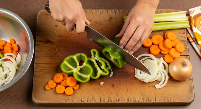 Hands expertly chopping fresh green bell pepper carrots and onions on rustic wooden cutting board demonstrating healthy food preparation