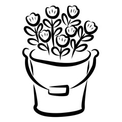 Cute Small Bucket Flowers in Black Outline for Decorative Use