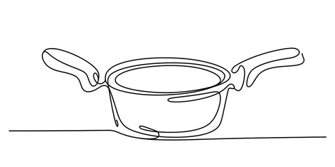 Continuous line drawing of a cooking pot with two handles, perfect for kitchen, food preparation, and culinary design concepts. Vector, illustration