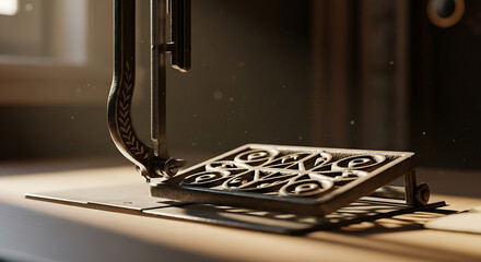 Close up vintage sewing machine intricate cast iron treadle pedal mechanism detail antique craftsmanship nostalgia historical tool creative hobbies