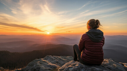 Fototapeta na wymiar woman meditating on the mountains on the sunrise