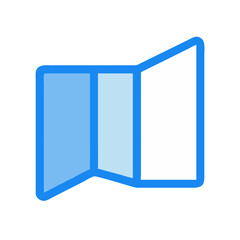 Blue and white tri-fold brochure outline icon on black