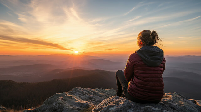 woman meditating on the mountains on the sunrise - Powered by Adobe