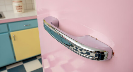 Close up view of a pink retro style refrigerator handle in a vintage inspired kitchen with checkered floor design aesthetic