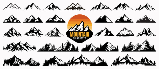 Summer or winter mountain silhouette with christmas or pine tree. Hill hiking icon or forest camping logo for holiday travel business. Mountain line art, nature background or outdoor adventure sticker