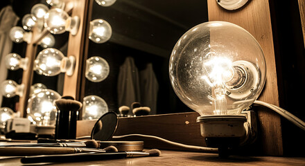 Vintage dressing room mirror with glowing theatrical lights and makeup tools for a captivating stage performance preparation