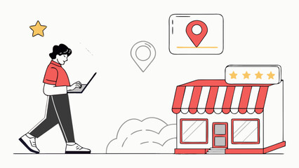 Person utilizing laptop for local business search, online reviews, and marketing strategies, enhancing store visibility and customer engagement.