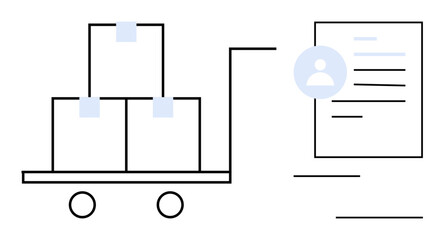 Trolley loaded with cardboard boxes connected to user profile data, representing logistics and customer service. Ideal for delivery, supply chain, e-commerce, inventory, operations, management