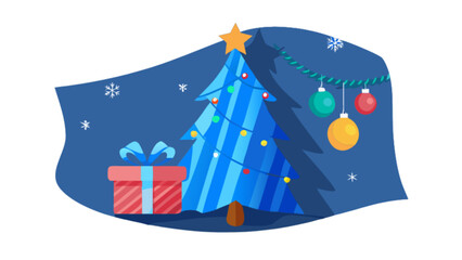 Vibrant blue christmas tree illustration with glowing festive lights, a wrapped gift box, and hanging ornaments creating a joyful holiday scene