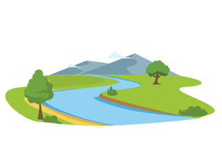 River cartoon, waterways, river bank with tree and mountain