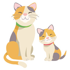 Calico cat family sitting on white background. Vector illustration in flat cartoon style. © lonesomebunny