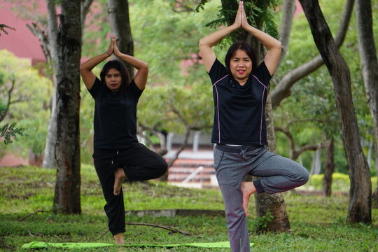 Two women are performing the Tree Pose in yoga, standing on one leg with their hands raised above their heads, outdoors in a park with trees. - Powered by Adobe