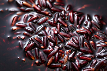 Close-up of black rice and rice water.