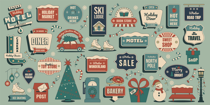 Retro Christmas winter town sticker set with holiday market,toy shop,book store,cinema,snowman,skates,festive signs. Vintage mid century 50s vector illustration for cozy new year holidays, road trip