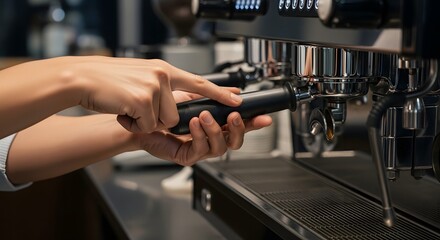 Professional barista hands locking portafilter into commercial espresso machine to brew fresh coffee