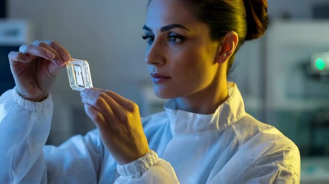 Woman scientist examining transparent biochip. Science and modern technology concept for advanced research and development.