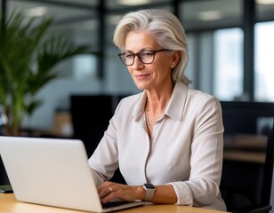 A gray-haired elderly woman is focused on working on a laptop. The manager is making a financial report