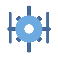 Abstract blue gear icon with radiating lines on black