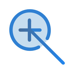 Blue zoom in icon on black background flat design