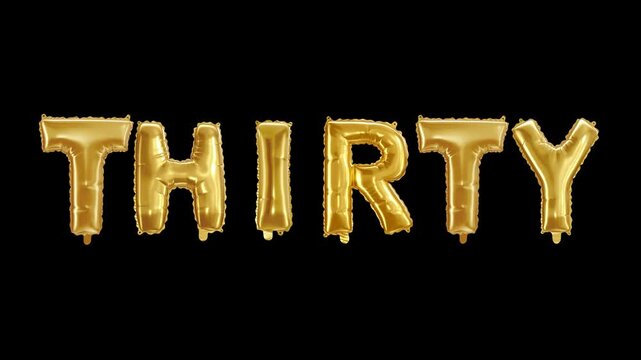 Golden number 30 thirty metallic balloon. Party decoration golden balloons. Anniversary sign for happy holiday, celebration, birthday, carnival, new year. on black background 