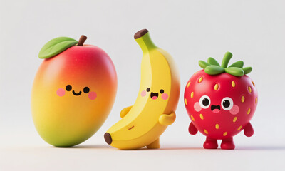 kawaii fruit trio — mango banana and strawberry characters with silly expressions minimal modern kawaii style  Generative AI