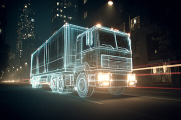 A wire-frame truck travels down a city street at night. Technology, GPS, location. Mobility.
