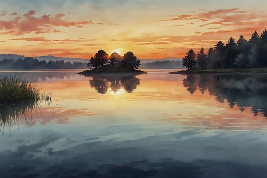 A serene sunset over a calm lake