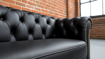 Obraz premium Elegant Black Leather Chesterfield Sofa Against a Rustic Brick Wall Backdrop