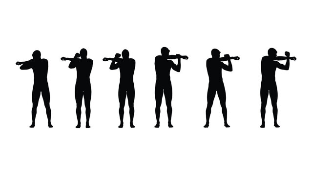 Arm stretching exercise silhouettes isolated on white background, Vector