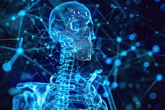 Artistic glowing x-ray illustration of human skeleton in dark background - Powered by Adobe