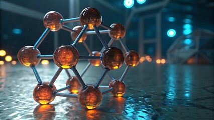 Closeup of a glowing, complex molecular structure, possibly a diamond lattice or nanoparticle, rendered in a futuristic, hightech laboratory setting with blue ambient light