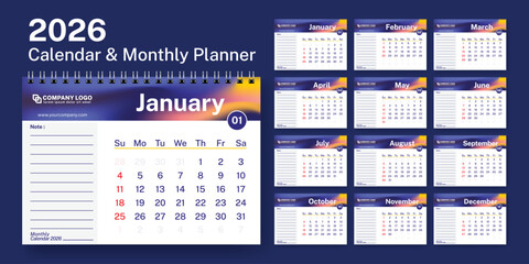 2026 Calendar and Monthly Planner Template Vector Illustration.